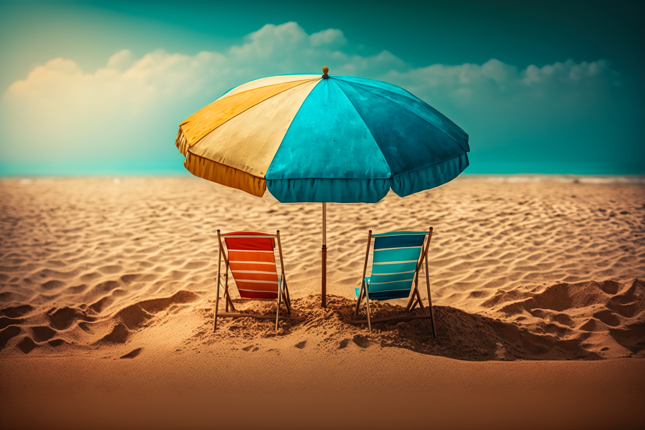 umbrella two chairs beach prepared sunbathing by water