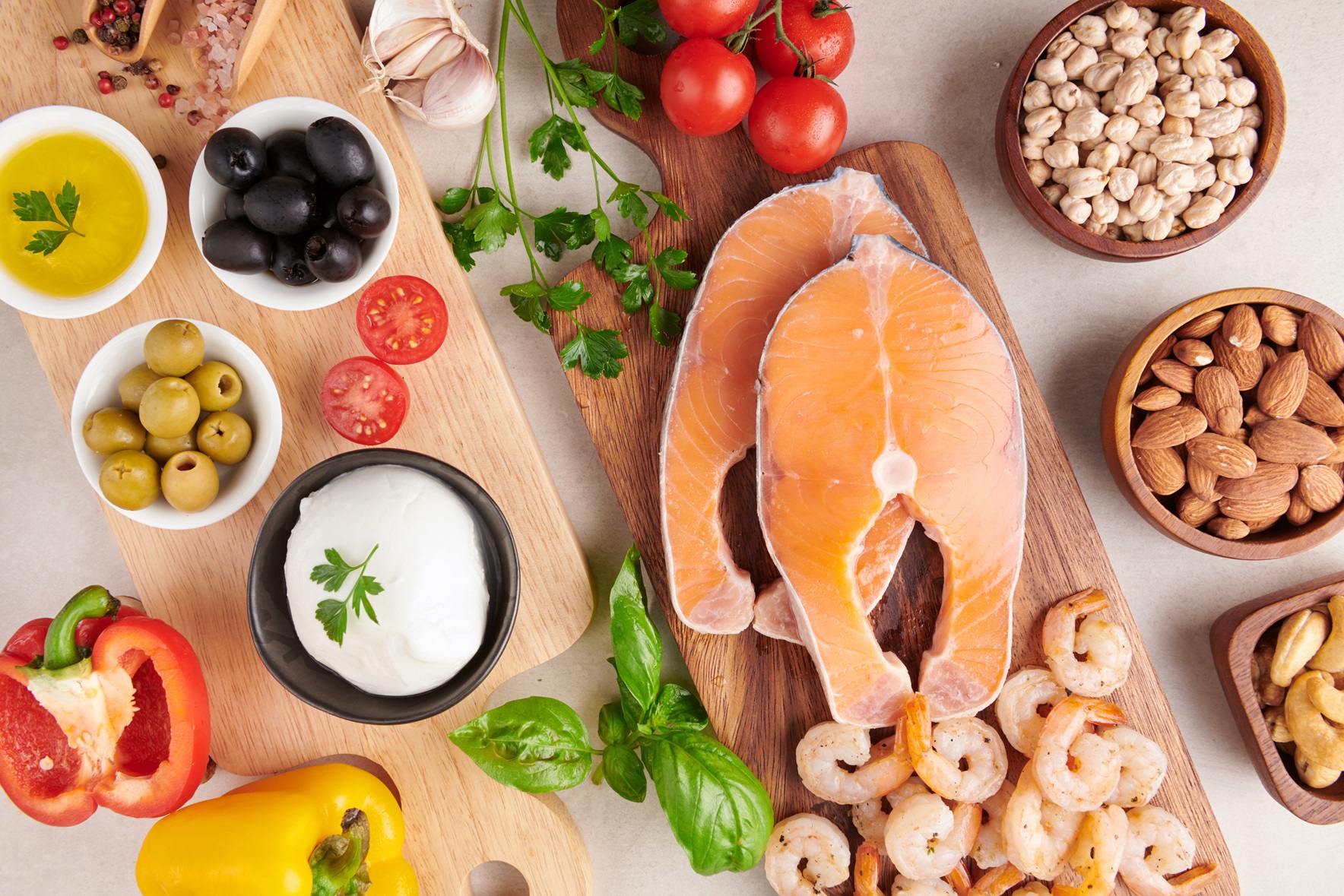 balanced nutrition concept clean eating flexitarian mediterranean diet top view flat nutrition clean eating food concept diet plan with vitamins minerals salmon shrimp mix vegetablesa