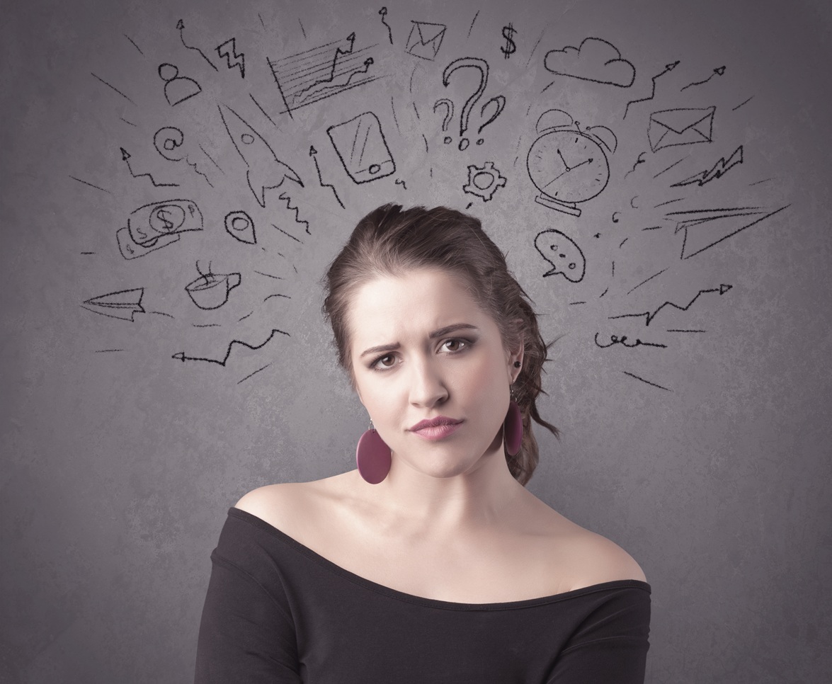 woman with business symbols and sketches above hea 2026