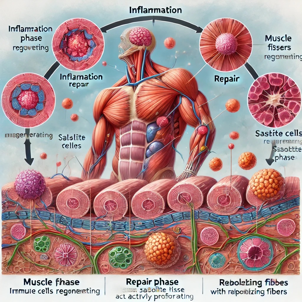 An educational diagram illustrating the biological processes following a muscle injury